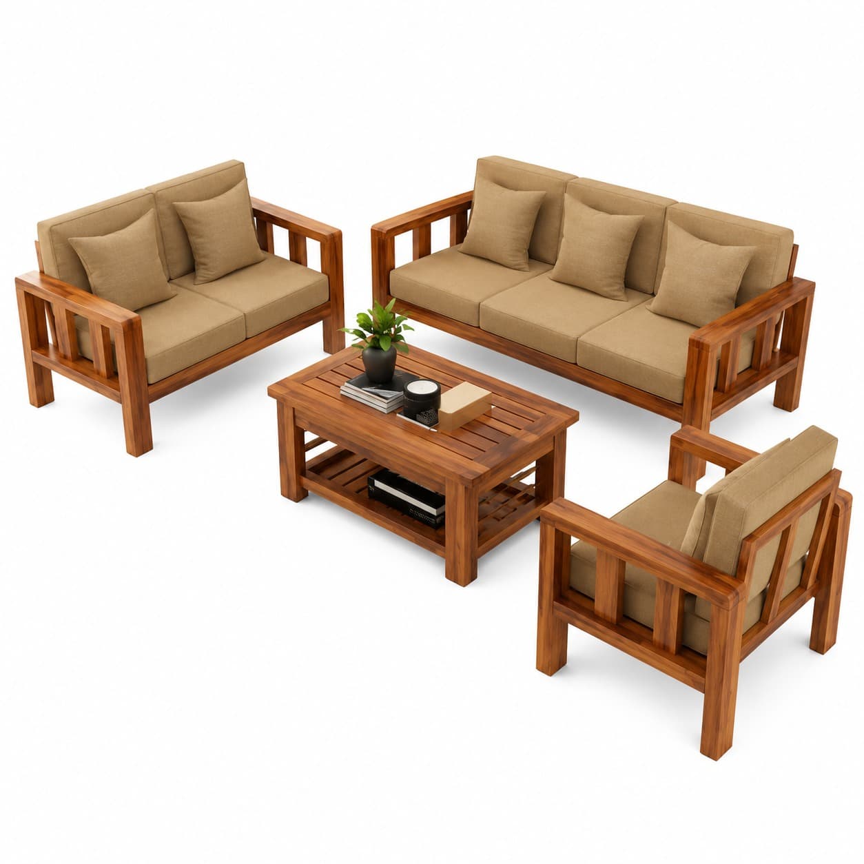 Sheesham Wood 5-Seater Sofa Set with Table